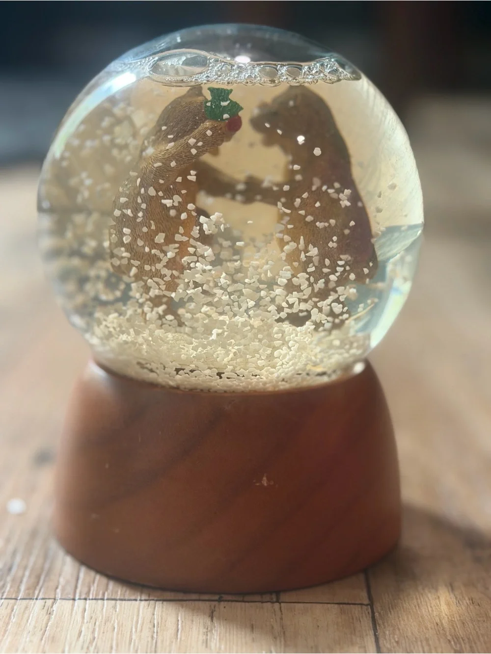 Clear Glass Snow Globe with Dancing Bear Figurines - Brown Base